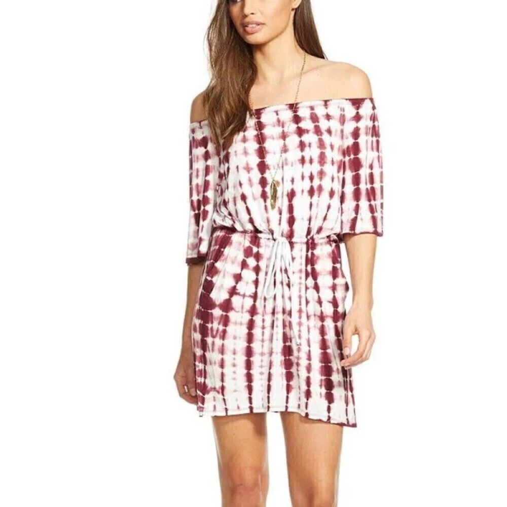 NWT CHASER Purple White Tie Dye Jersey Off The Shoulder Mini Dress Size Medium